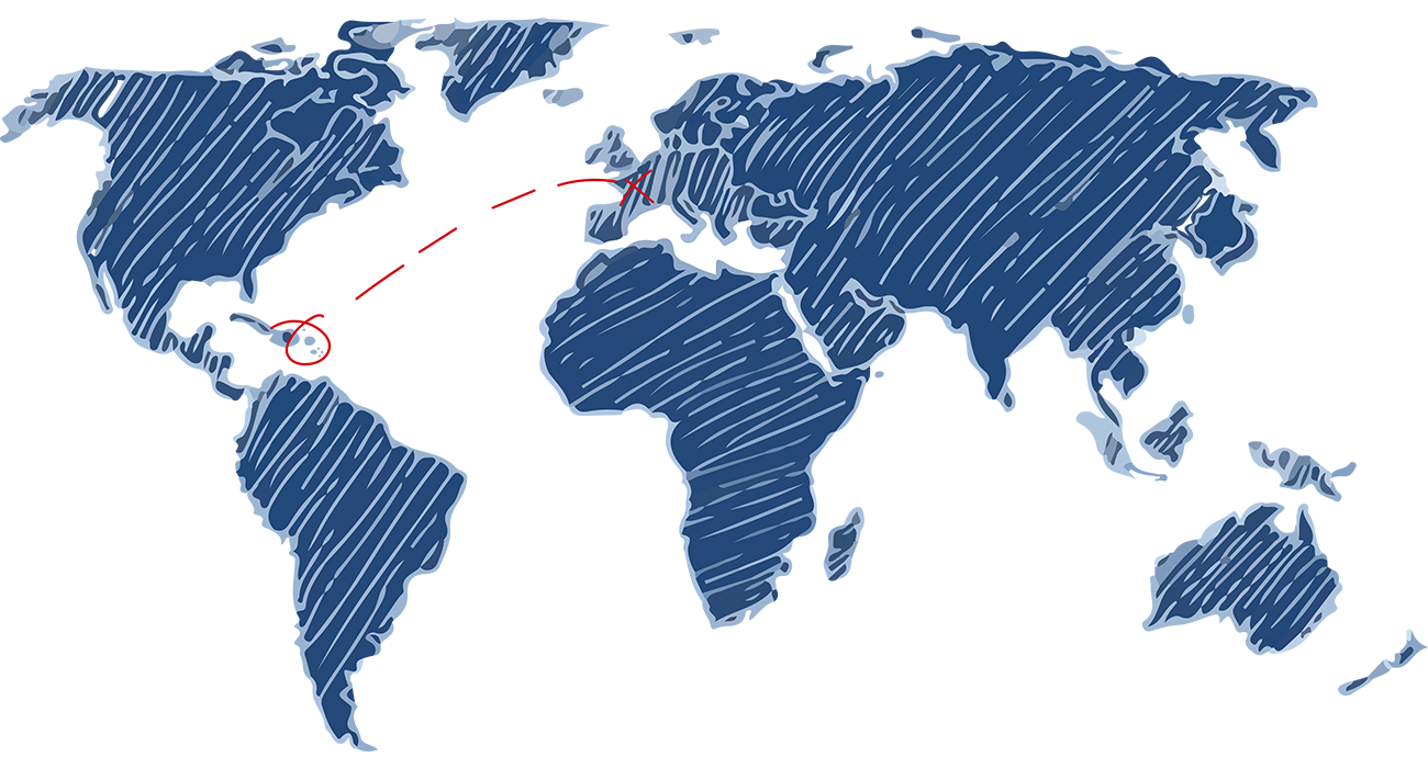 dessin carte du monde avec un reperage de la guadeloupe